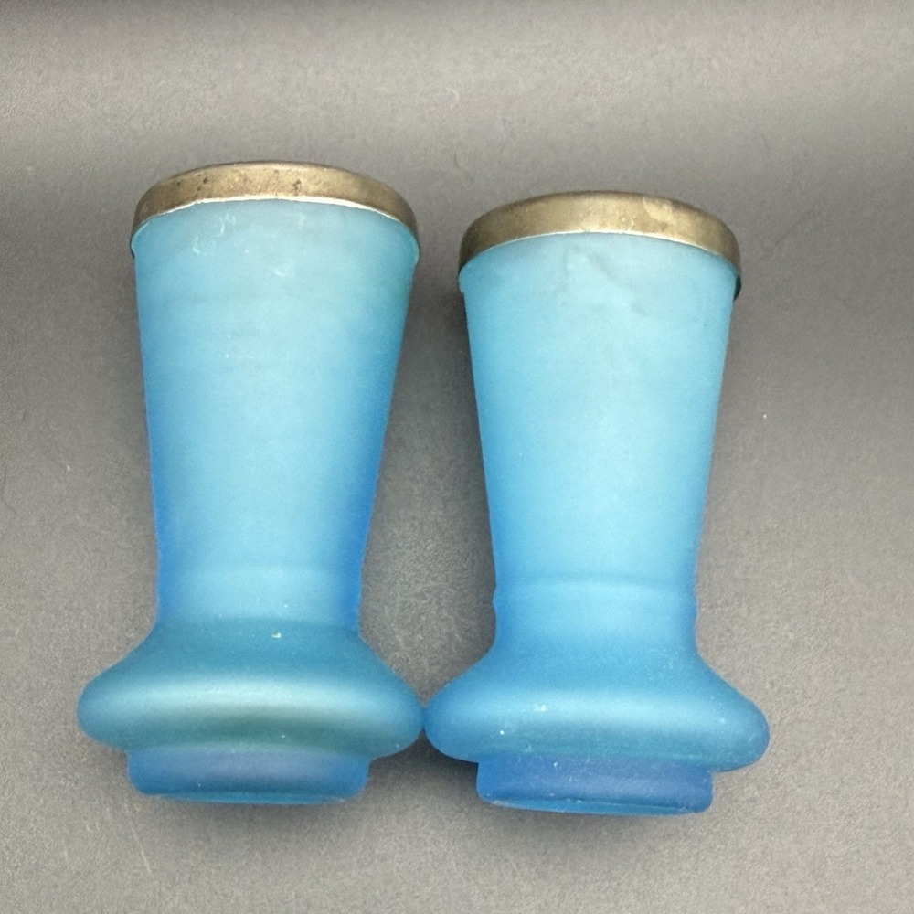 Antique Italian Opaline Blue Glass Posy Bud Vase Pair Silver Rim Victorian 3in - Picture 6 of 8